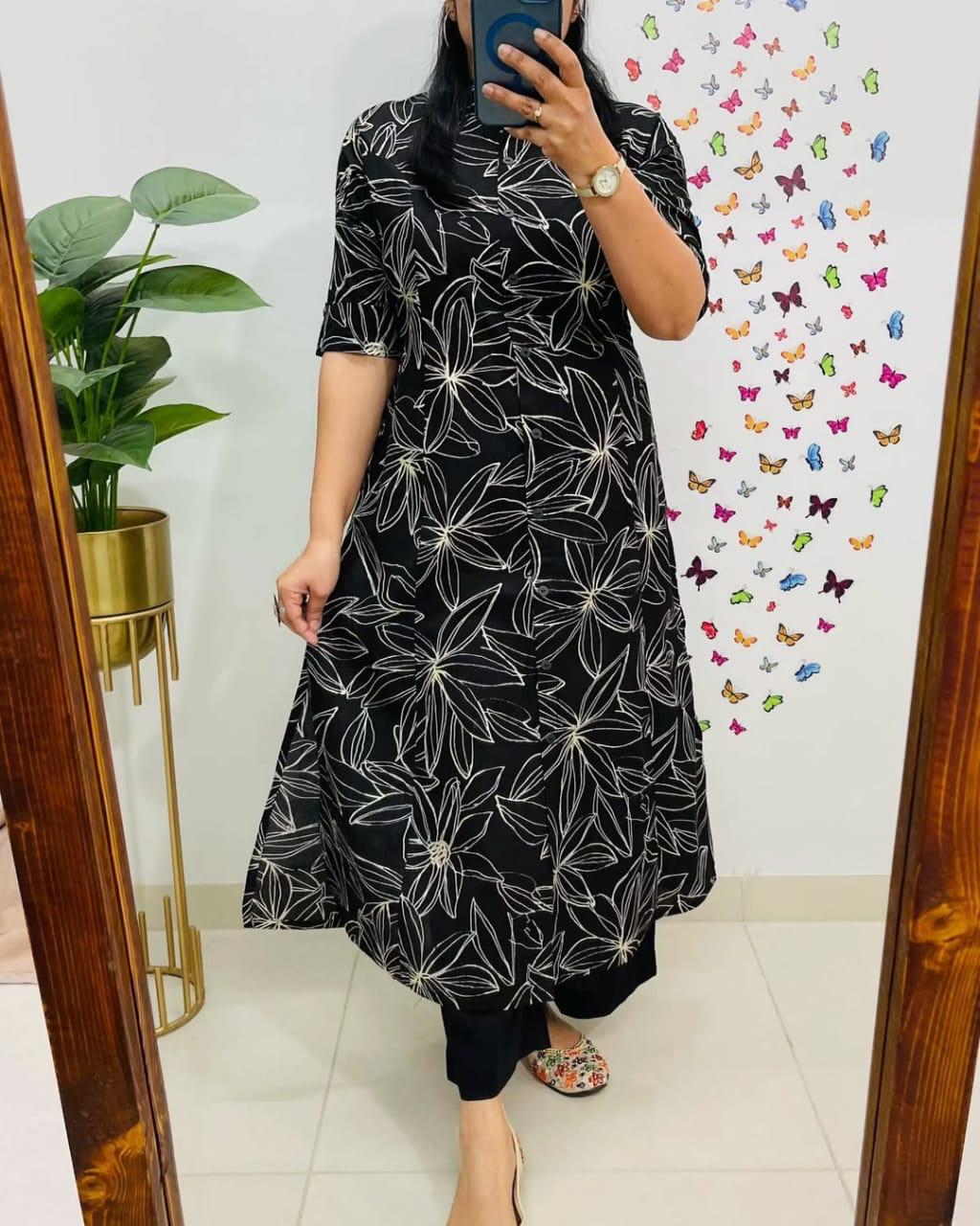 Women Cotton Sleeves Mandarin Collar Button Down Floral Printed Aline Co-ord Set