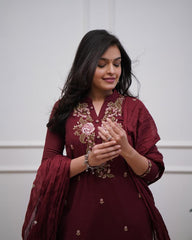 Red Embroidered Kurta Pant and Dupatta Set