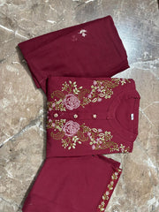 Red Embroidered Kurta Pant and Dupatta Set