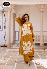 Mustard placement printed kurta with solid palazzo