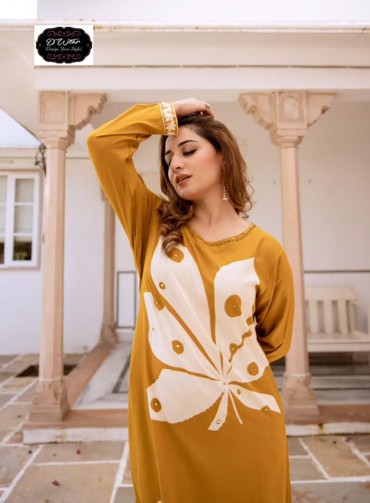 Mustard placement printed kurta with solid palazzo