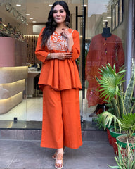 Women's Cotton Embroidered Co-ard set Orange Set Stylish Ethnic Wear For Girl & Women