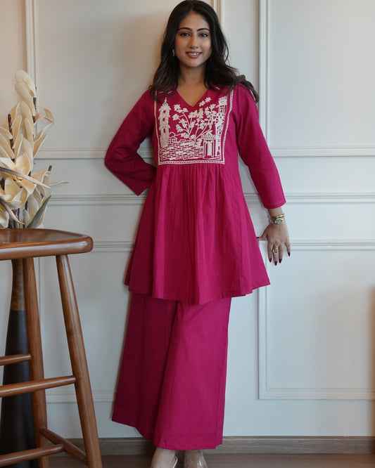 Women's Cotton Embroidered Co-ard set Pink Set Stylish Ethnic Wear For Girl & Women