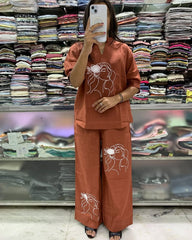 Embroidered Rust Cotton Slub Co-Ord Set