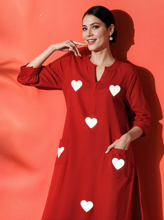 White Heart Embroidered Red Cotton Kurta Pant Set