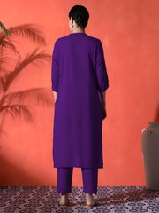White Heart Embroidered Purple Cotton Kurta Pant Set