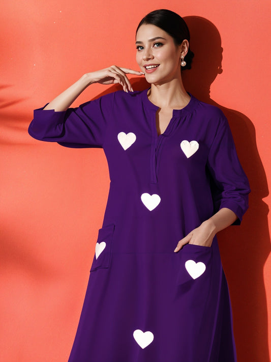 White Heart Embroidered Purple Cotton Kurta Pant Set