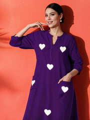 White Heart Embroidered Purple Cotton Kurta Pant Set