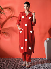 White Heart Embroidered Red Cotton Kurta Pant Set