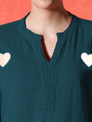 White Heart Embroidered Teal Green Cotton Kurta Pant Set