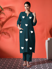 White Heart Embroidered Teal Green Cotton Kurta Pant Set