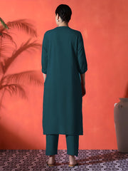 White Heart Embroidered Teal Green Cotton Kurta Pant Set