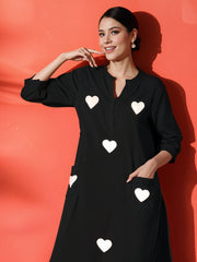 White Heart Embroidered Black Cotton Kurta Pant Set