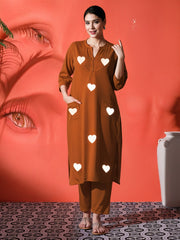 White Heart Embroidered Rust Cotton Kurta Pant Set