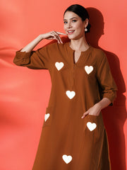 White Heart Embroidered Rust Cotton Kurta Pant Set