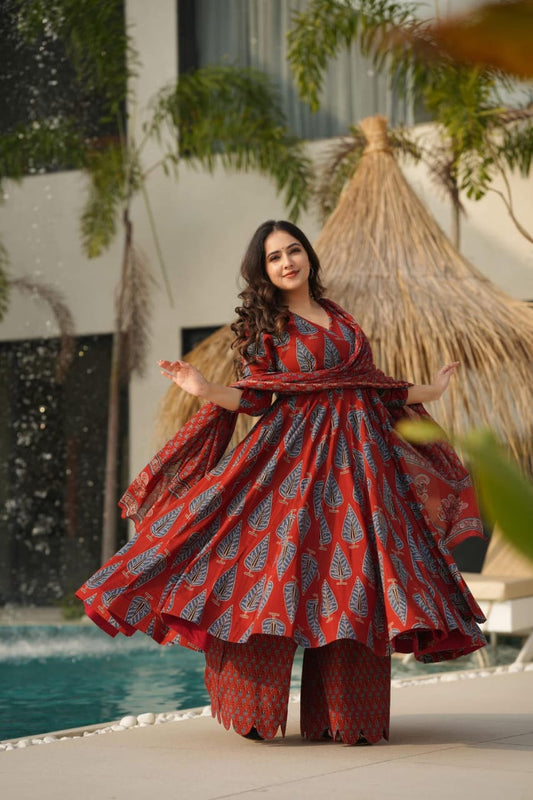 Red Cotton Handblock Anarkali Set
