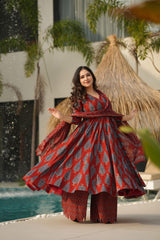 Red Cotton Handblock Anarkali Set