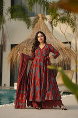 Red Cotton Handblock Anarkali Set