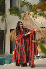Red Cotton Handblock Anarkali Set