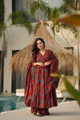 Red Cotton Handblock Anarkali Set