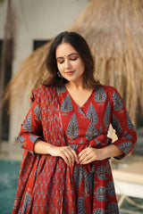 Red Cotton Handblock Anarkali Set