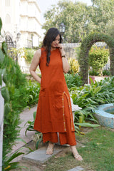 Aline Slit Rust Cotton Slub Kurta Set