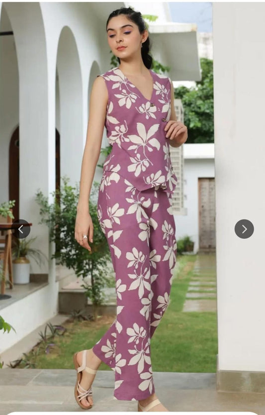 Beautiful Print Detailing Wine Cotton Co-ord Set