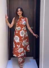 Floral Rust Cotton Slub Kurta Pant Set