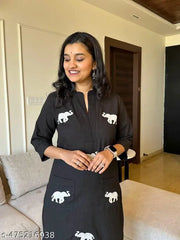 Majestic Elephant Print Black Kurta Set