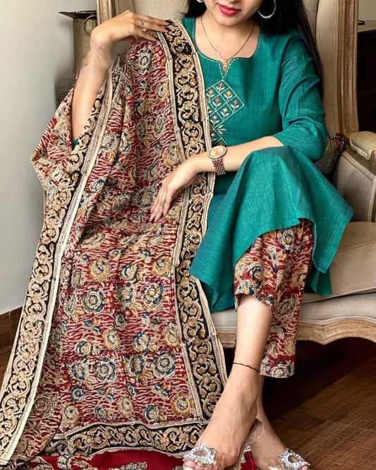 Premium Teal Handcrafted Cotton Kurta Set