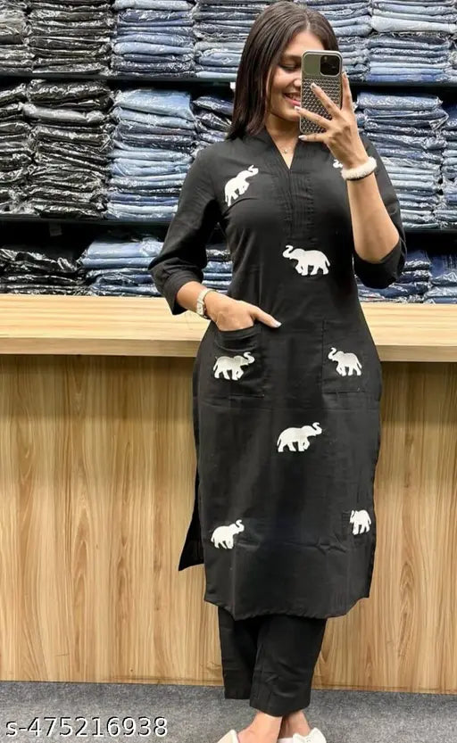 Majestic Elephant Print Black Kurta Set